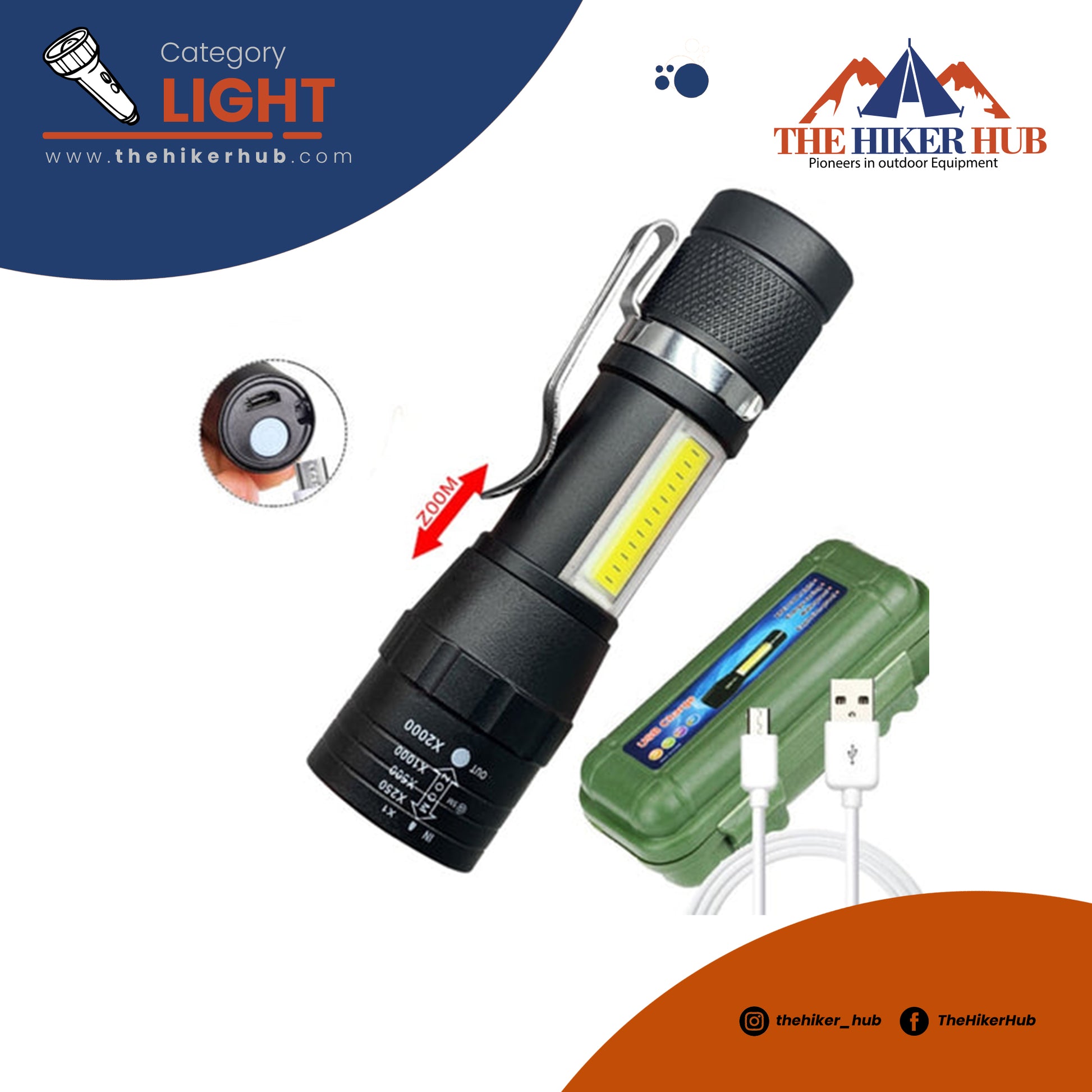 Built In Battery Q5 Portable Mini Led Flashlight - Zoomable The Hiker Hub TheHikerHub.com Pakistan Online